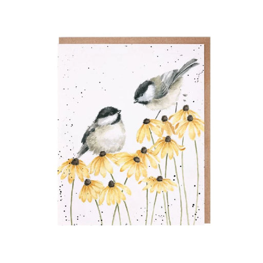 A card featuring two birds perched on vibrant yellow flowers against a soft background.