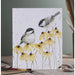 A decorative card showcasing two birds among cheerful yellow flowers, creating a lively scene.