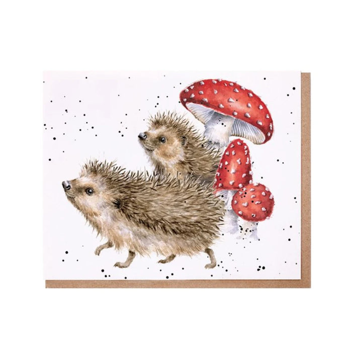 A charming card depicting a hedgehog next to a vibrant mushroom, set against a playful nature background.