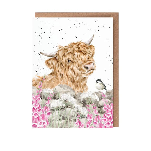 A card featuring a cow and a bird, showcasing a whimsical farm scene.

