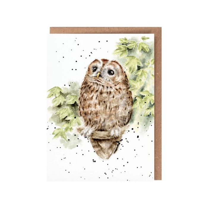 A card depicting an owl resting on a branch, surrounded by leaves and a serene backdrop.