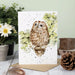A card featuring an owl perched on a branch against a soft, natural background. 