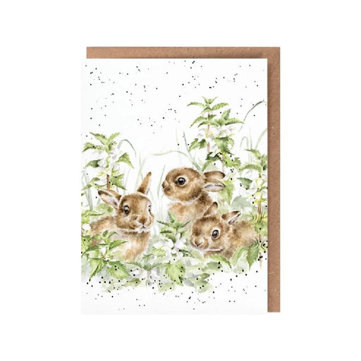 An illustration of three rabbits nestled in vibrant grass on a decorative card.