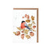 A greeting card featuring a red bird perched on a branch against a soft background.