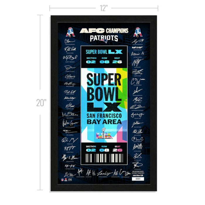 This New England Patriots 2026 AFC Champions Super Bowl LX Signature Ticket Frame is a premium collectible designed to celebrate the Patriots’ championship achievement. 