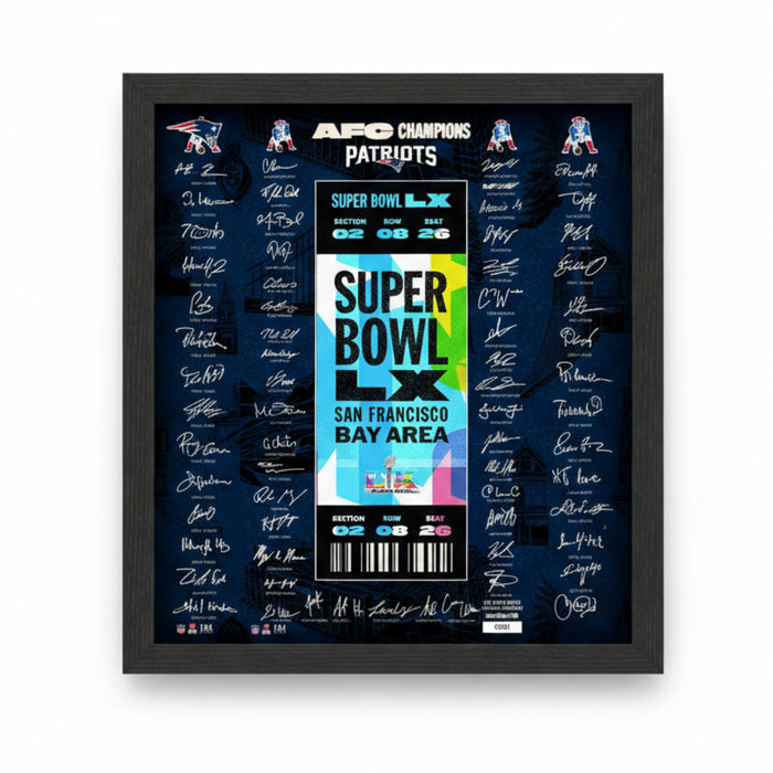 This New England Patriots 2026 AFC Champions Super Bowl LX Signature Ticket Frame is a premium collectible designed to celebrate the Patriots’ championship achievement. 
