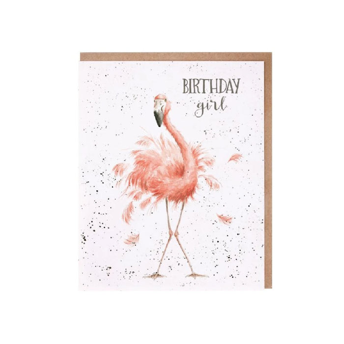 A birthday card featuring a colorful pink flamingo against a cheerful background.