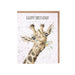 Colorful birthday card featuring a cheerful giraffe with a party hat and balloons, celebrating a joyful birthday occasion.