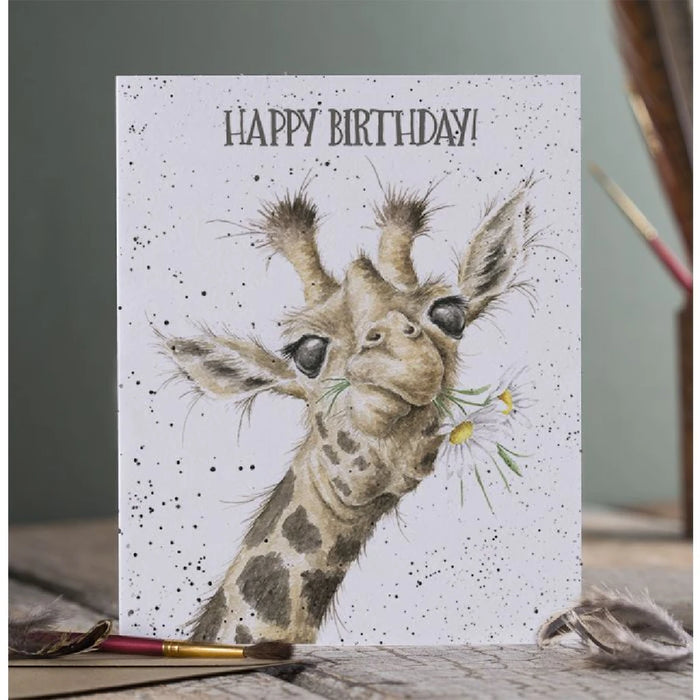  A festive birthday card showcasing a smiling giraffe adorned with a party hat, surrounded by colorful balloons and confetti.