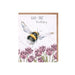 A cheerful birthday card featuring a cartoon bee with a party hat and balloons, celebrating a special day.
