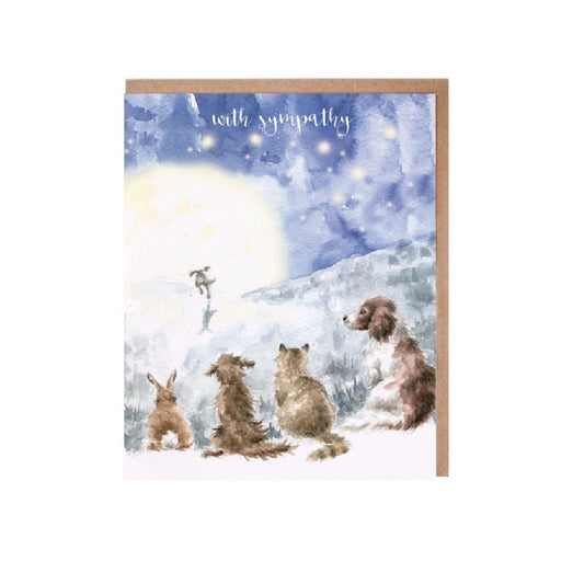 A card featuring four dogs and a cat sitting together on a grassy hillside under a clear blue sky.