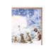 A card featuring four dogs and a cat sitting together on a grassy hillside under a clear blue sky.