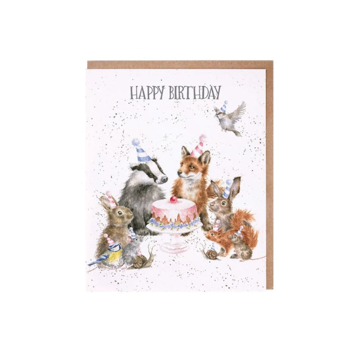 A colorful birthday card featuring a cheerful group of various animals and birds celebrating together.