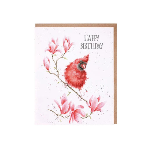 A card featuring a red bird perched on a branch adorned with colorful flowers.