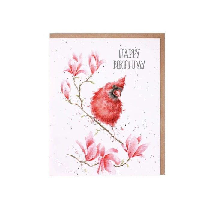 A card featuring a red bird perched on a branch adorned with colorful flowers.
