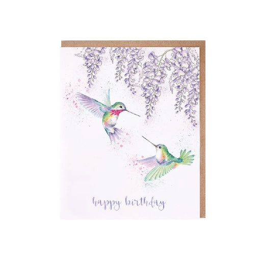 A colorful birthday card featuring a hummingbird surrounded by vibrant flowers and festive decorations.