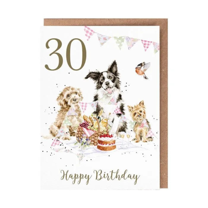Wrendale Designs Birthday Pawty Dog 30th Birthday Card featuring a cheerful dog-themed illustration for a 30th birthday celebration.