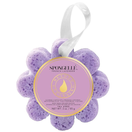Purple bath sponge buffer with 'Spongellé' branding on a white background