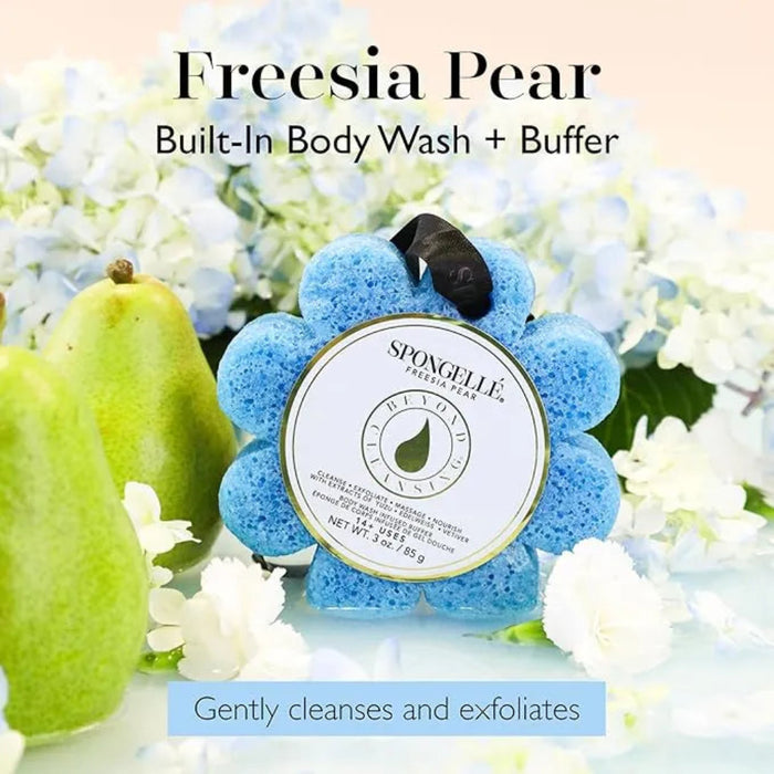 Blue bath buffer with a pear and flowers in the background, labeled 'Freesia Pear'.