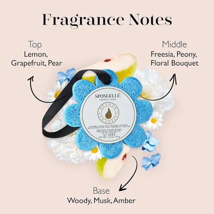 Sponge with floral design and fragrance notes text on a beige background