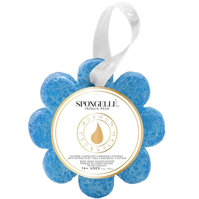 Blue flower-shaped sponge with a label on a white background