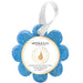 Blue flower-shaped sponge with a label on a white background