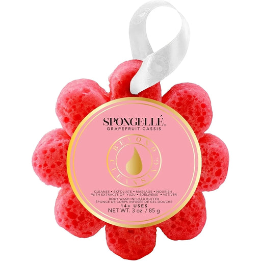 Red flower-shaped sponge with a pink label Grapefruit Cassis Spongelle body wash infused buffer on a white background