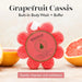 Pink flower-shaped body wash buffer  by spongelle with grapefruit and cassis flavor, labeled 'Spongellé'.