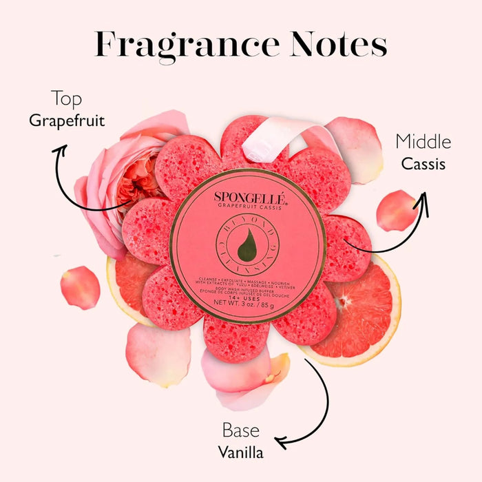 Sponge with grapefruit, cassis, and vanilla notes surrounded by pink and white flowers on a light background.