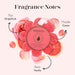 Sponge with grapefruit, cassis, and vanilla notes surrounded by pink and white flowers on a light background.