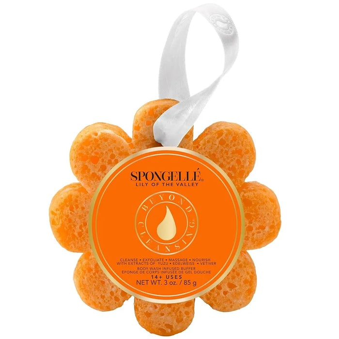 Orange bath sponge body wash infused buffer with a circular label featuring 'Spongelle' branding on a white background.