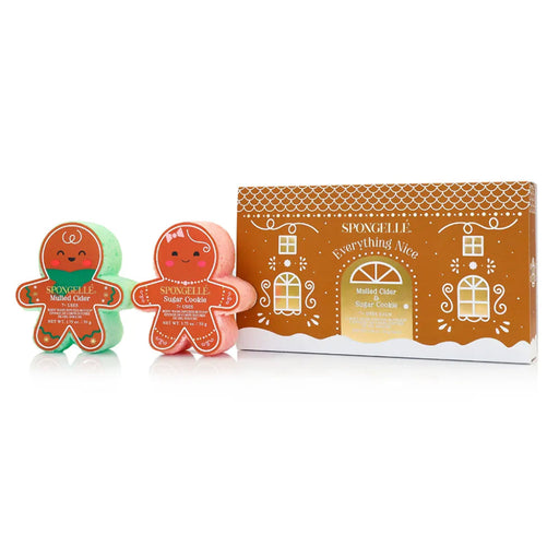 Two gingerbread-themed bath scrubs  and a box labeled 'Everything Nice' on a white background