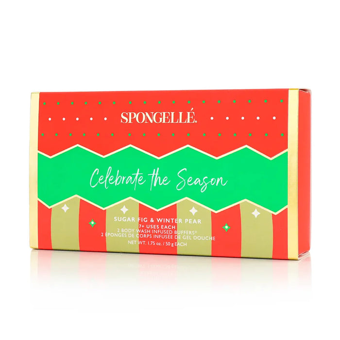 Spongellé holiday-themed  Soap product packaging with red, green, and gold design.