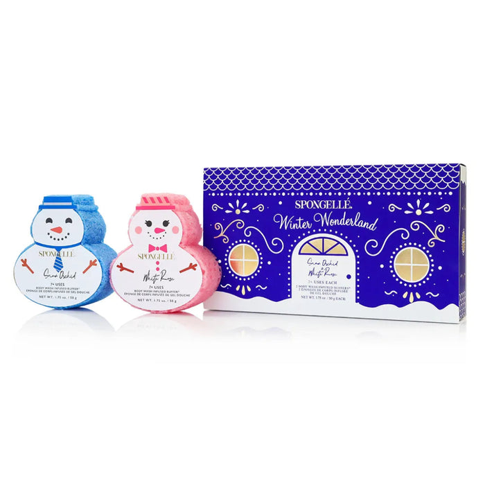 Two snowman-shaped bath bombs with a box labeled 'Spongellé Winter Wonderland' on a white background.