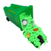 Green toy trash bin with green string-like material and small objects on a white background