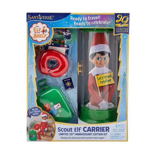 Elf on the Shelf Scout Elf Carrier packaging with Elf figure and travel accessories.
