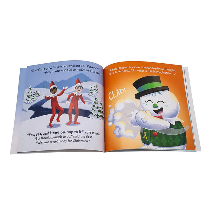 Open book with Christmas-themed illustrations of elves and a snowman on a white background