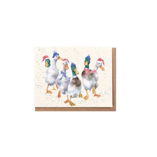 Wrendale All Wrapped Up Christmas enclosure card featuring a group of ducks with a recycled kraft envelope.