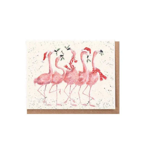 Wrendale Flamingle Bells Christmas enclosure card featuring a festive group of pink flamingos.