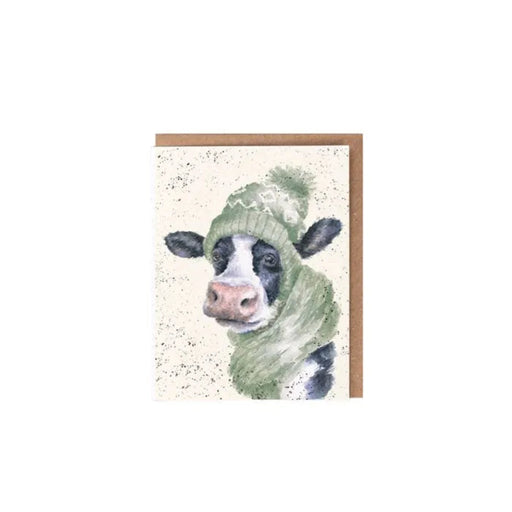 Wrendale “Mooo-rry Christmas” enclosure card featuring a cow in a woolly hat and scarf.