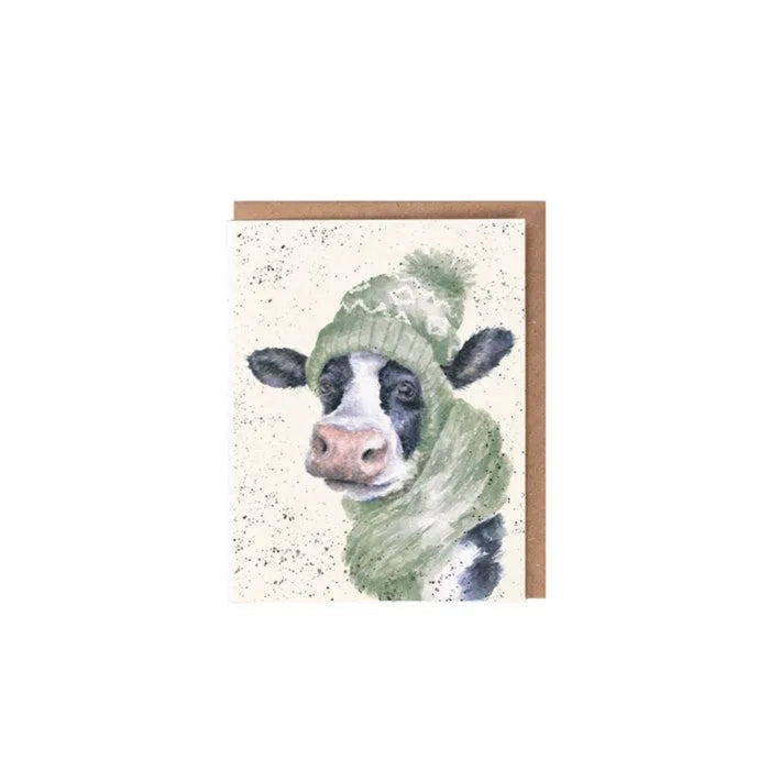 Wrendale “Mooo-rry Christmas” enclosure card featuring a cow in a woolly hat and scarf.