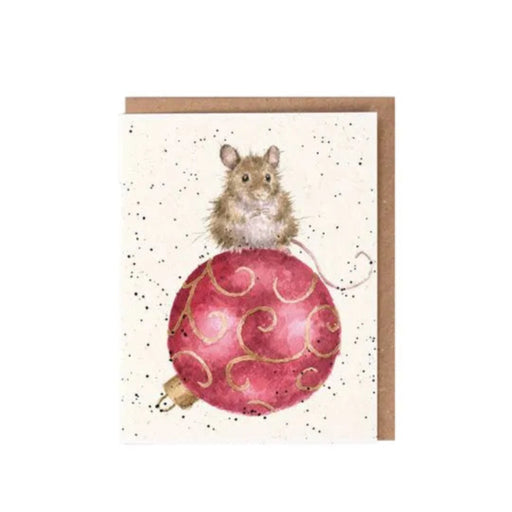 Wrendale Christmouse gift enclosure card showing a mouse sitting on a Christmas bauble, with recycled kraft envelope