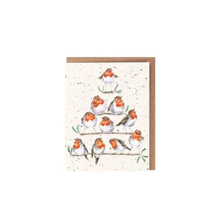 Wrendale 'Rockin' Robins' gift enclosure card with watercolour robins perched on winter branches and recycled kraft envelope