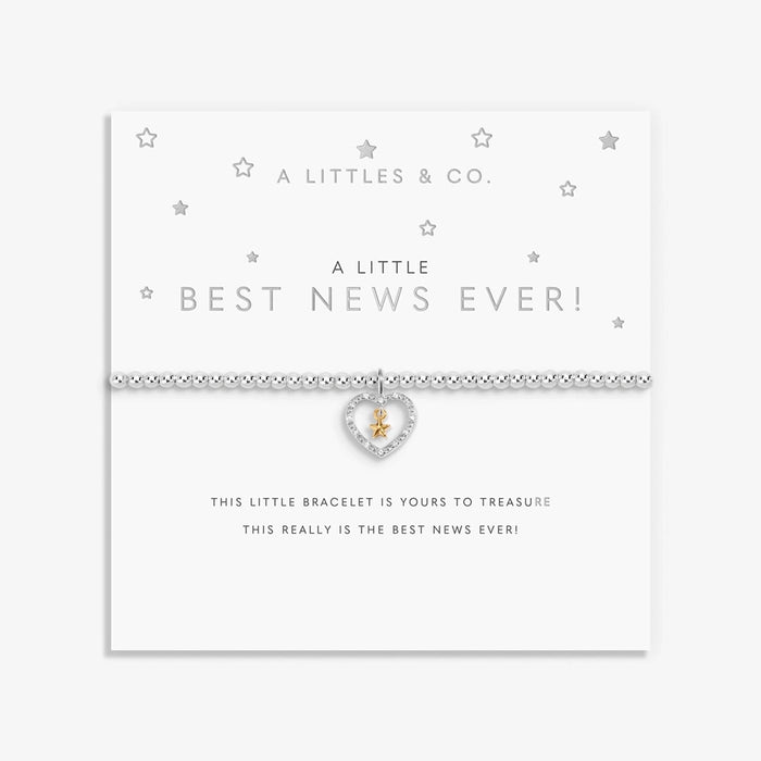 A Littles & Co. A Little Best News Ever bracelet on sentiment card with silver beaded bracelet and heart charm with gold star