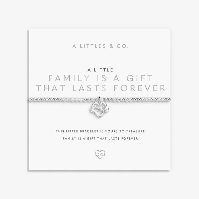 A Littles & Co A Little Family Is A Gift bracelet on sentiment card with silver interlinked heart charm