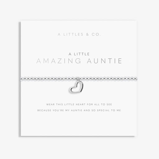 A Littles & Co. A Little Amazing Auntie bracelet on sentiment card with silver beaded stretch design and open heart charm