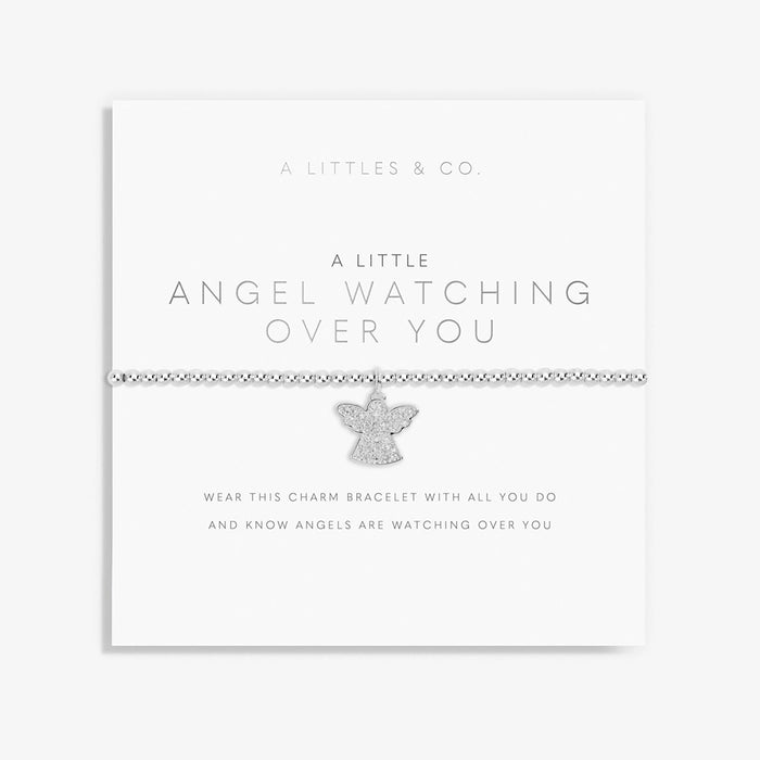 A Littles & Co A Little Angels Watching Over You bracelet displayed on sentiment card with silver angel charm and beaded bracelet