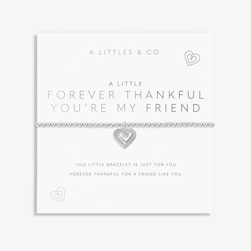 A Littles & Co. A Little Forever Thankful bracelet displayed on sentiment card with silver heart charm and beaded bracelet