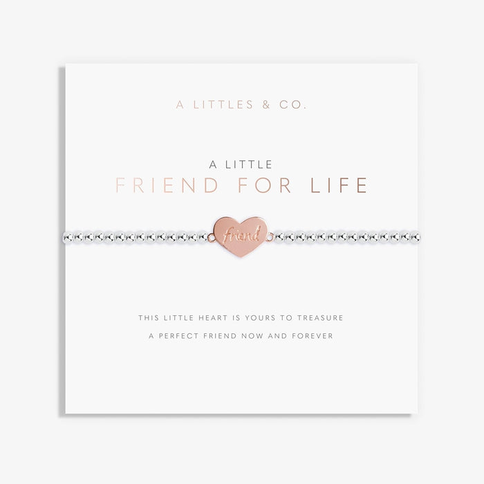 A Littles & Co Friends For Life bracelet displayed on sentiment card with silver heart charm and friendship message