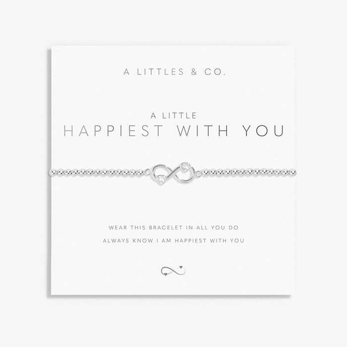 A Littles & Co. A Little Happiest With You bracelet displayed on sentiment card with silver infinity heart charm